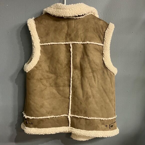 Joie Brown &Cream Shearling suede Vest Gorpcore oversized medium #737 - Picture 5 of 8